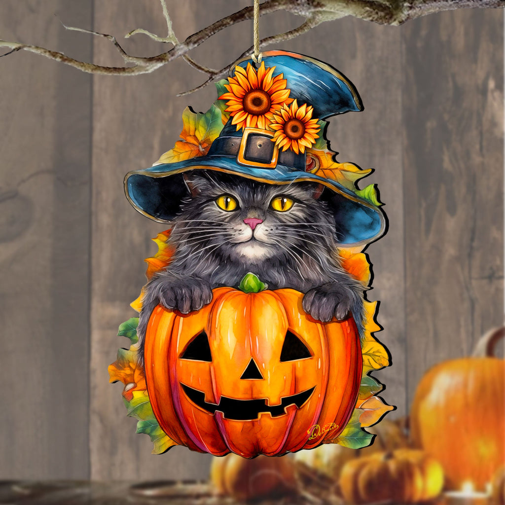 Black Cat Pumpkin Wooden Ornaments by G. Debrekht Halloween Decor - 8652794