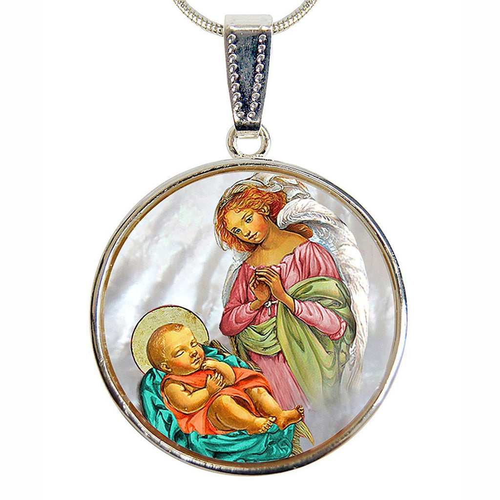Blessing Angel with Child Silver Plated Mother of Pearl Silver Necklace - 43028