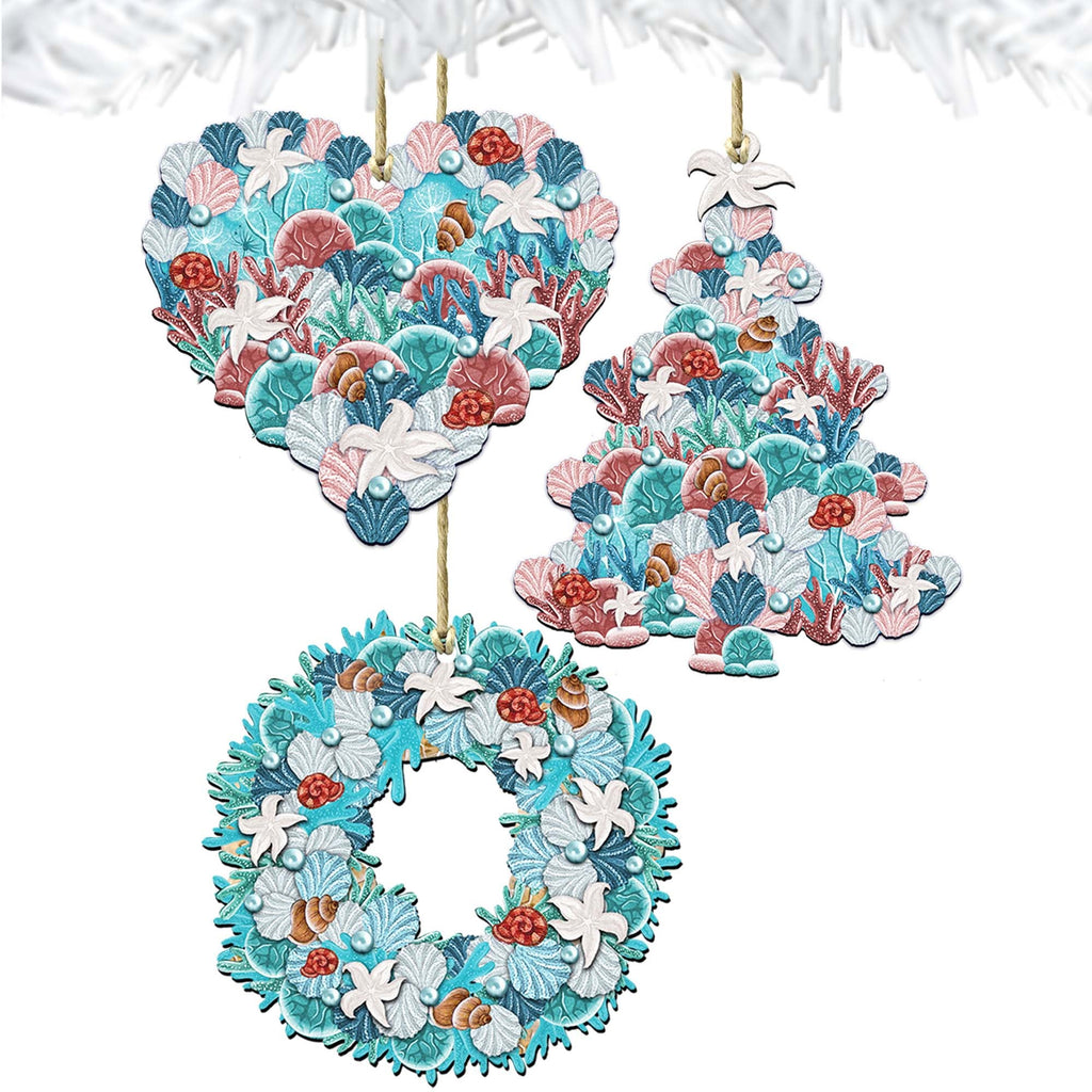 Coastal Wreath Wooden Ornaments Set of 3 by G. DeBrekht - Coastal Holiday Decor - 8100033S3