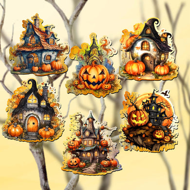 Spooky Houses Clip-On Eco Wood Decorative Ornaments Set of 6 by G. Debrekht - Halloween Decor - 8090007C-S6
