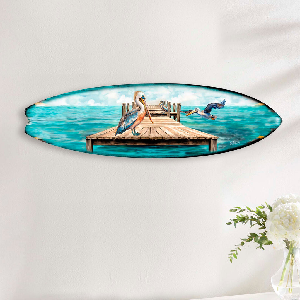 Pelican on the Pier Surfboard Coastal Wall Art by G. DeBrekht - Coastal Holiday Decor - 8490127HS