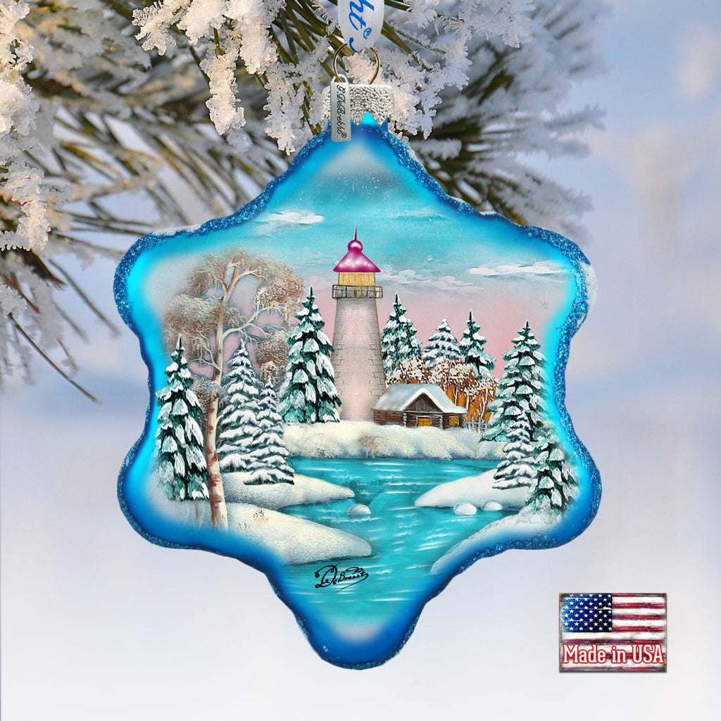 Lighthouse Snowflake Glass Ornament by G. DeBrekht - Coastal Holiday Decor - 754-007