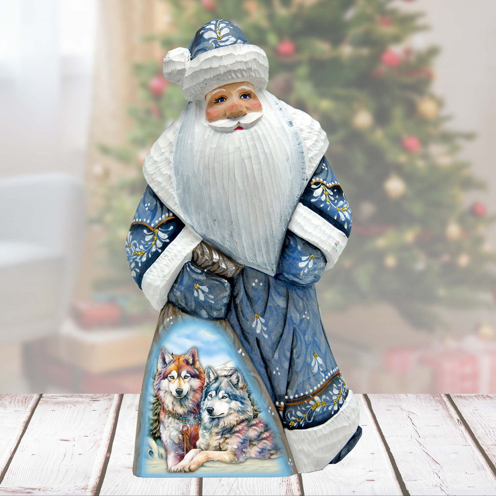 Winter Wolves Santa in Blue Hand-Painted WOODCARVED Masterpiece by G. DeBrekht - Christmas Decor - 8214824