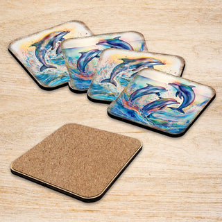 Dolphins Wooden Cork Coasters Gift Set of 4 by G. Debrekht - Coastal Holiday Decor - 8199450-3C-S4