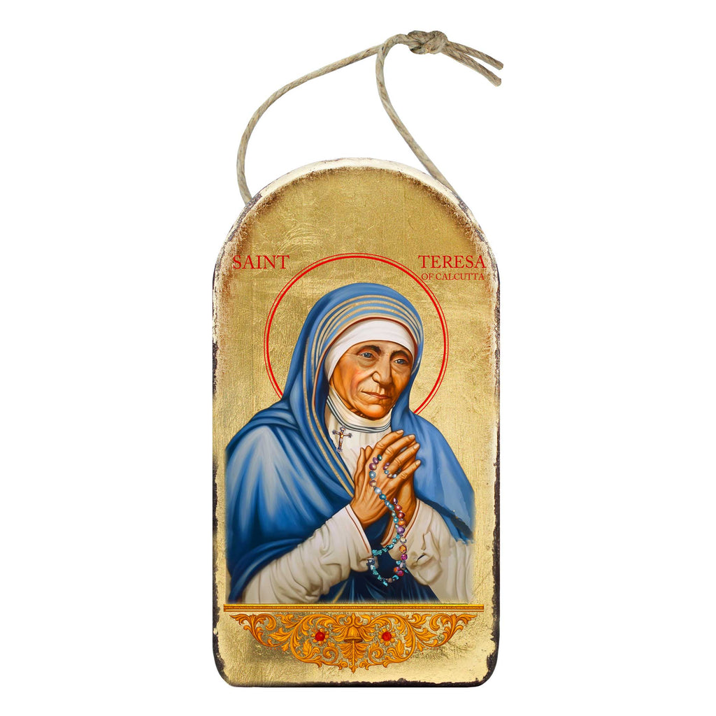 a religious figure, likely a saint or religious leader, wearing a blue robe and holding a rosary.