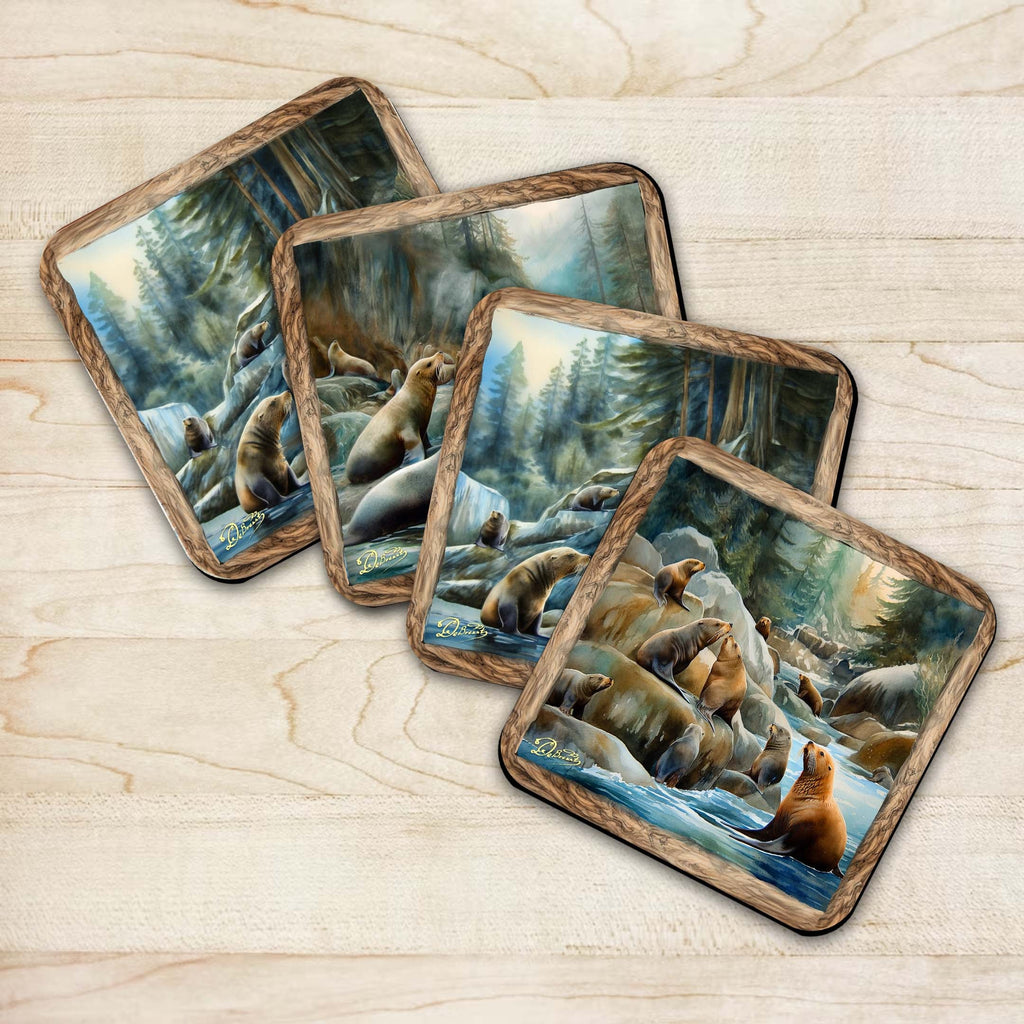 Coastal Sea Lions Wooden Cork Coasters Gift Set of 4 by Nature Wonders Nature Wildlife Decor - 95386C-S4