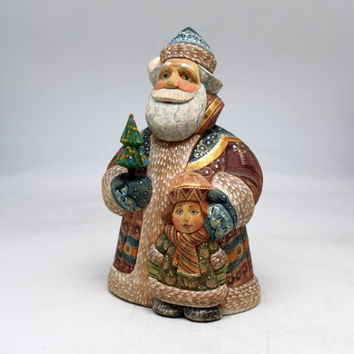 One-of-a-Kind Santa with Boy WOODCARVED Figurine 7x3x4.5