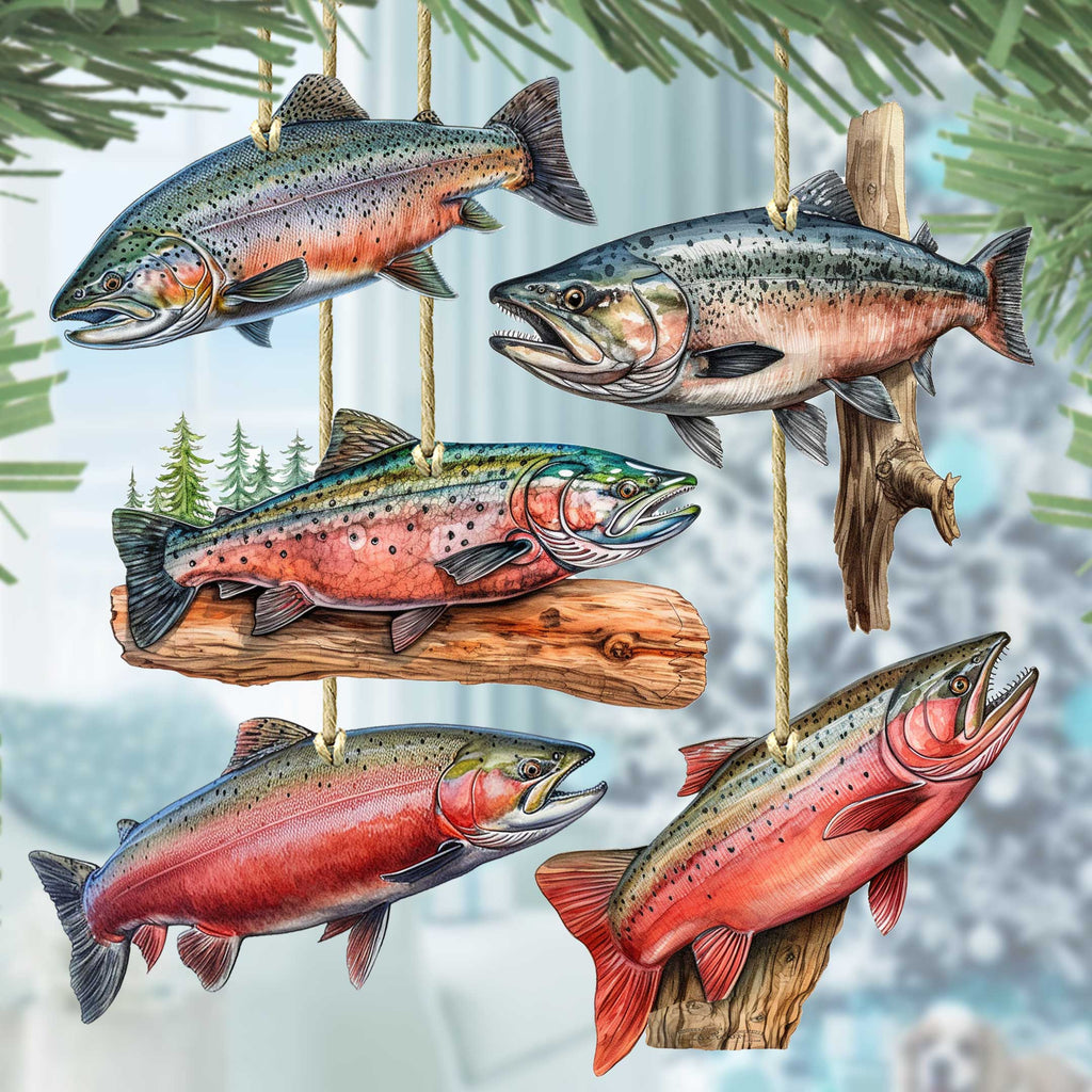 Alaskan Salmon Eco Wood Ornaments Set of 5 by G. Debrekht - Wildlife Holiday Decor - 8091322S5