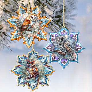 Owls Snowflake Eco Wood Ornaments Set of 3 by G. Debrekht - Nature Wildlife Decor - 8090152-S3