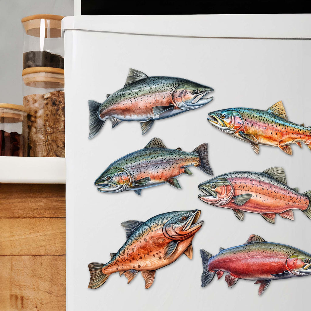 Wild Salmon Tales Decorative Eco Wood Magnets Set of 6 by G. Debrekht - Wildlife Coastal Decor - 8090109G-S6