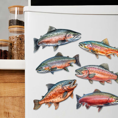 Wild Salmon Tales Decorative Eco Wood Magnets Set of 6 by G. Debrekht - Wildlife Coastal Decor - 8090109G-S6
