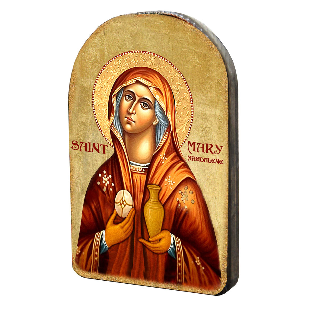 a religious icon of Saint Mary, with her holding a vase and a book.