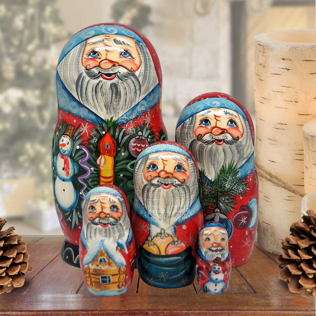 Candlelight Santa Matreshka Nesting Hand-Painted Dolls Set of 5 by G. DeBrekht - Christmas Santa Snowman Decor - 110171