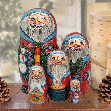 Candlelight Santa Matreshka Nesting Hand-Painted Dolls Set of 5 by G. DeBrekht - Christmas Santa Snowman Decor - 110171