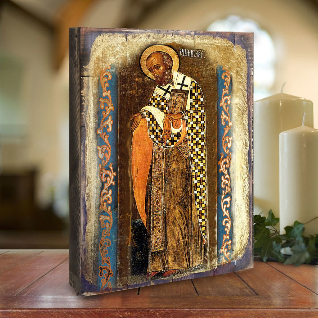 Saint Nicholas Wooden Gold Plated Religious Orthodox Sacred Icon - Inspirational Icon Decor - 85033
