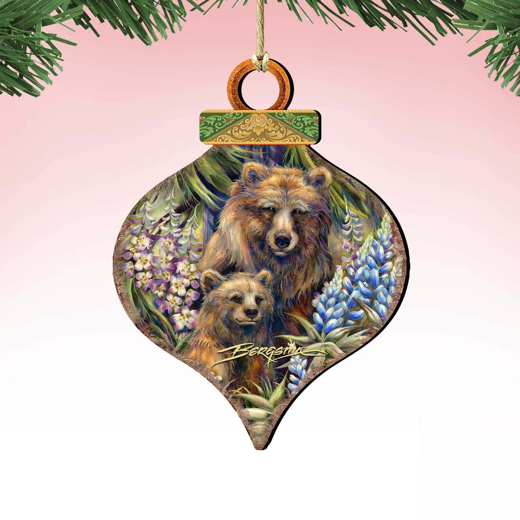 Grin Bear it Grizzly Mother Cub Wooden Ornaments by J. Bergsma - Wildlife Holiday Decor - 8591947-JB