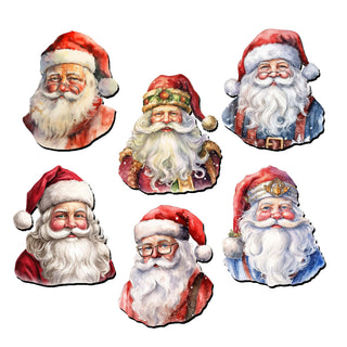 a set of six santa claus figurines sitting next to each other