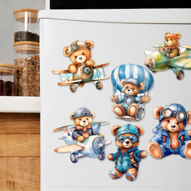Aviator Teddy Bear Decorative Eco Wood Magnets Set of 6 by G. Debrekht - Christmas Decor - 8090010G-S6