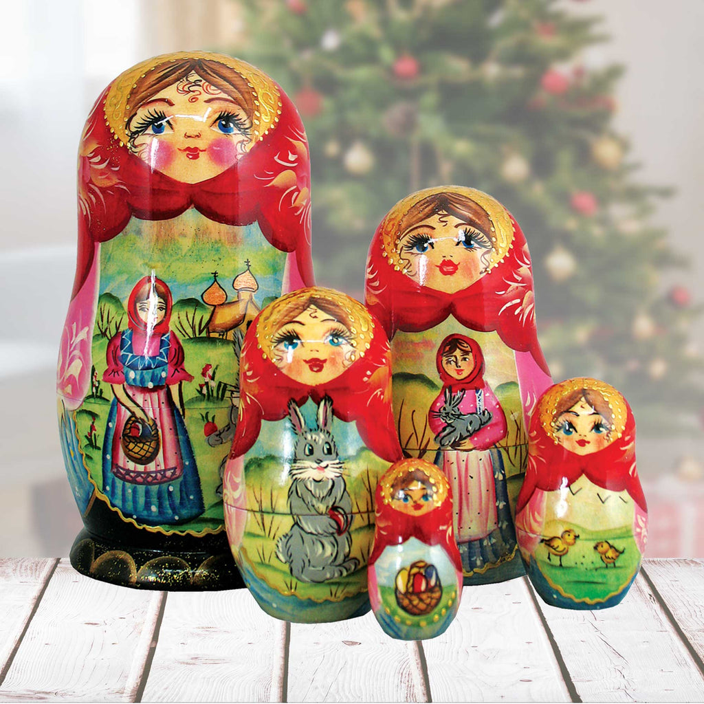 Easter Story Matreshka Nesting Hand-Painted Dolls Set of 5 by G. DeBrekht - Easter Spring Decor - 130251