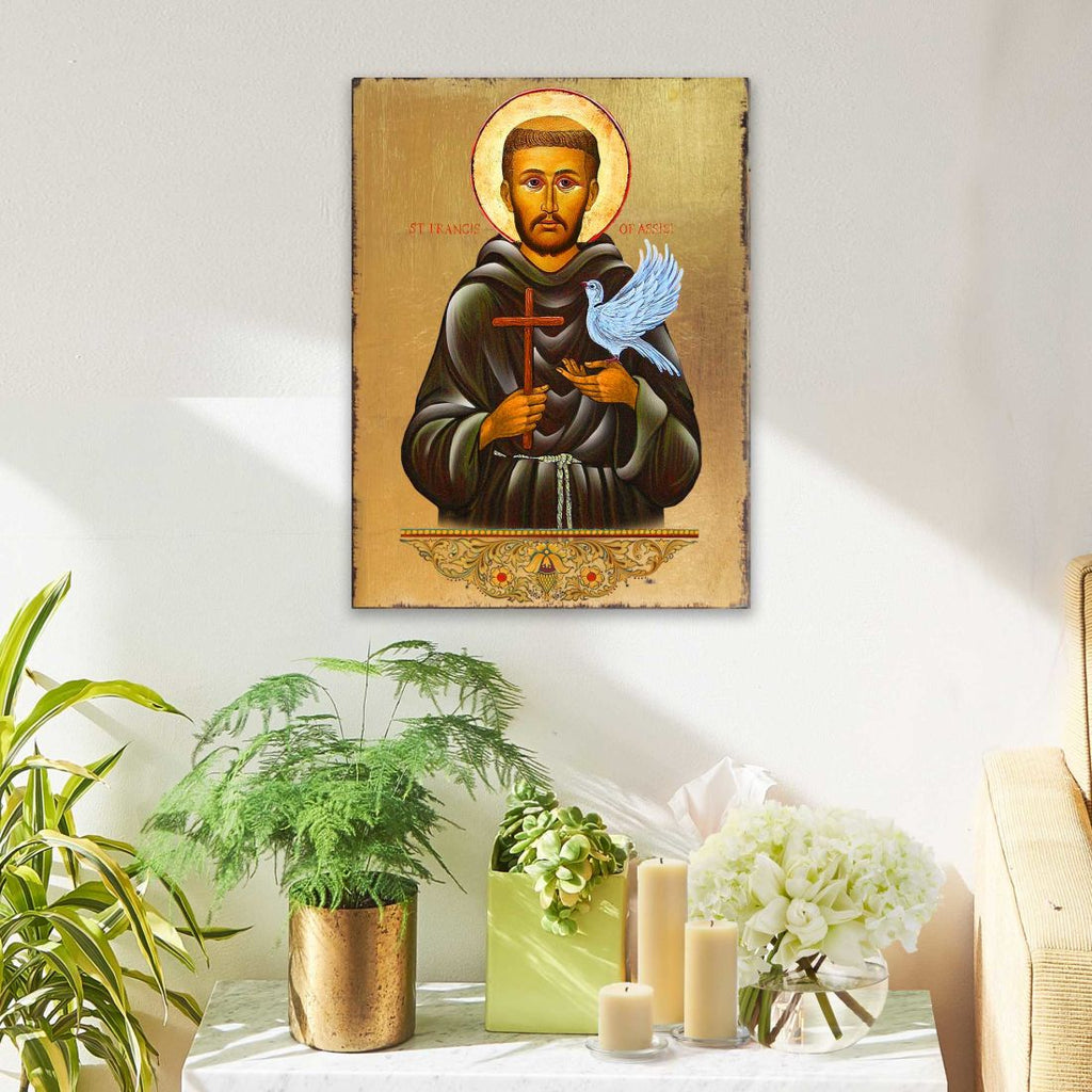 Saint Francis Wooden Gold Plated Religious Christian Sacred Icon - Inspirational Icon Decor - 85024