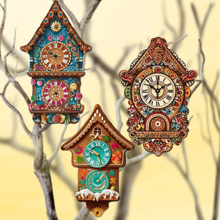 Miniature clock Clip-On Eco Wood Decorative Ornaments Set of 3 by G. Debrekht - Christmas Decor - 8091020C-S3