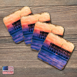Pier at Sunset Coastal Wooden Cork Coasters Gift Set of 4 by Nature Wonders - Coastal Sea-Life Decor - 95359C-S4