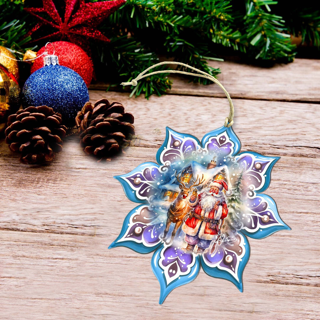 Santa with Reindeer Snowflake Large Wooden Ornament by G. Debrekht - Christmas Santa Snowman Decor - 8688405M