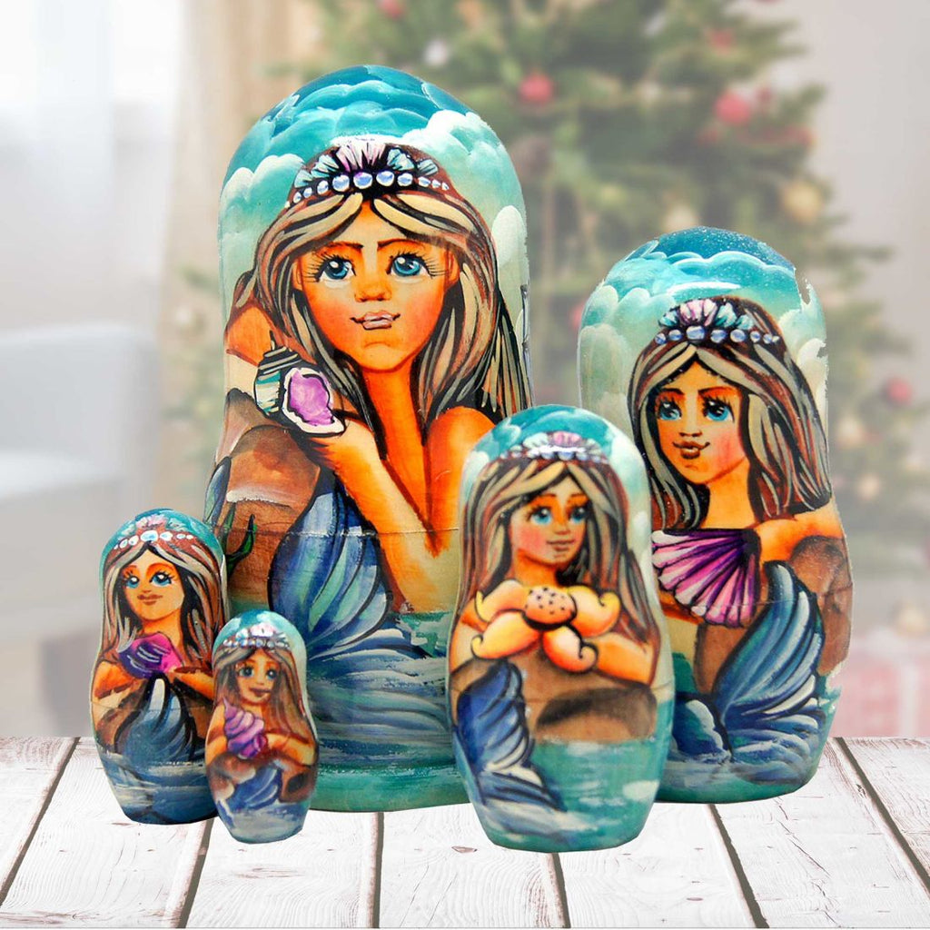 Mermaid Mrs. of The Sea Matreshka Nesting Hand-Painted Dolls Set of 5 by G. DeBrekht - Coastal Holiday Decor - 130722