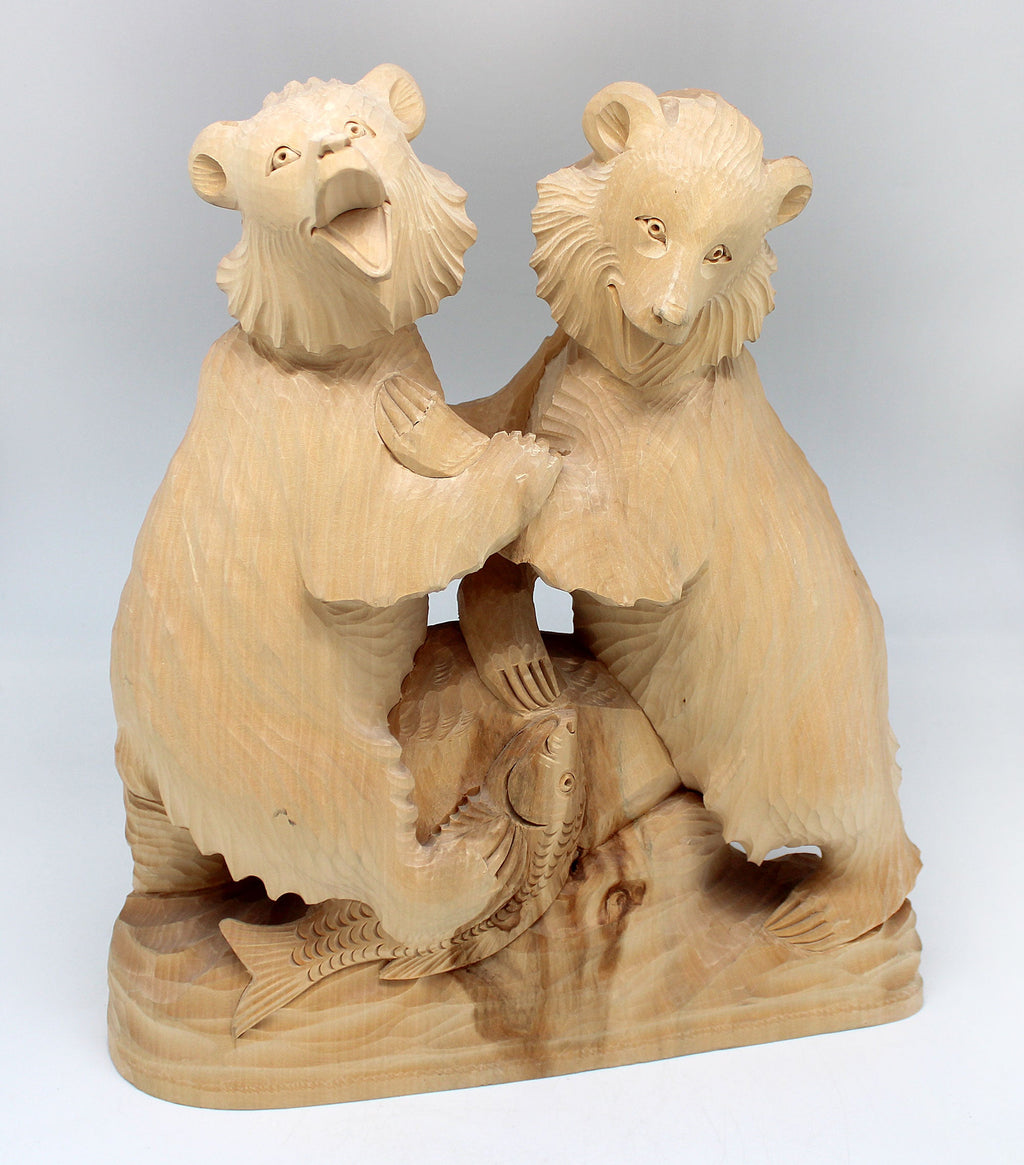 One-of-a-Kind Two Little Bears with Fish Wood Carved Figurine 11.5