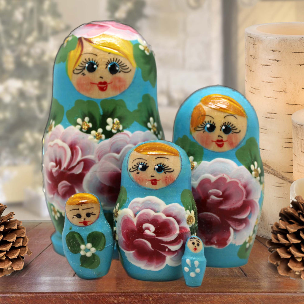 Blue Pink Floral Matreshka Nesting Hand-Painted Dolls Set of 5 by G. DeBrekht - Christmas Decor - 140139