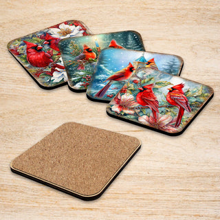 Red Cardinals Wooden Cork Coasters Gift Set of 4 by G. Debrekht - Wildlife Decor - 8199452C-S4