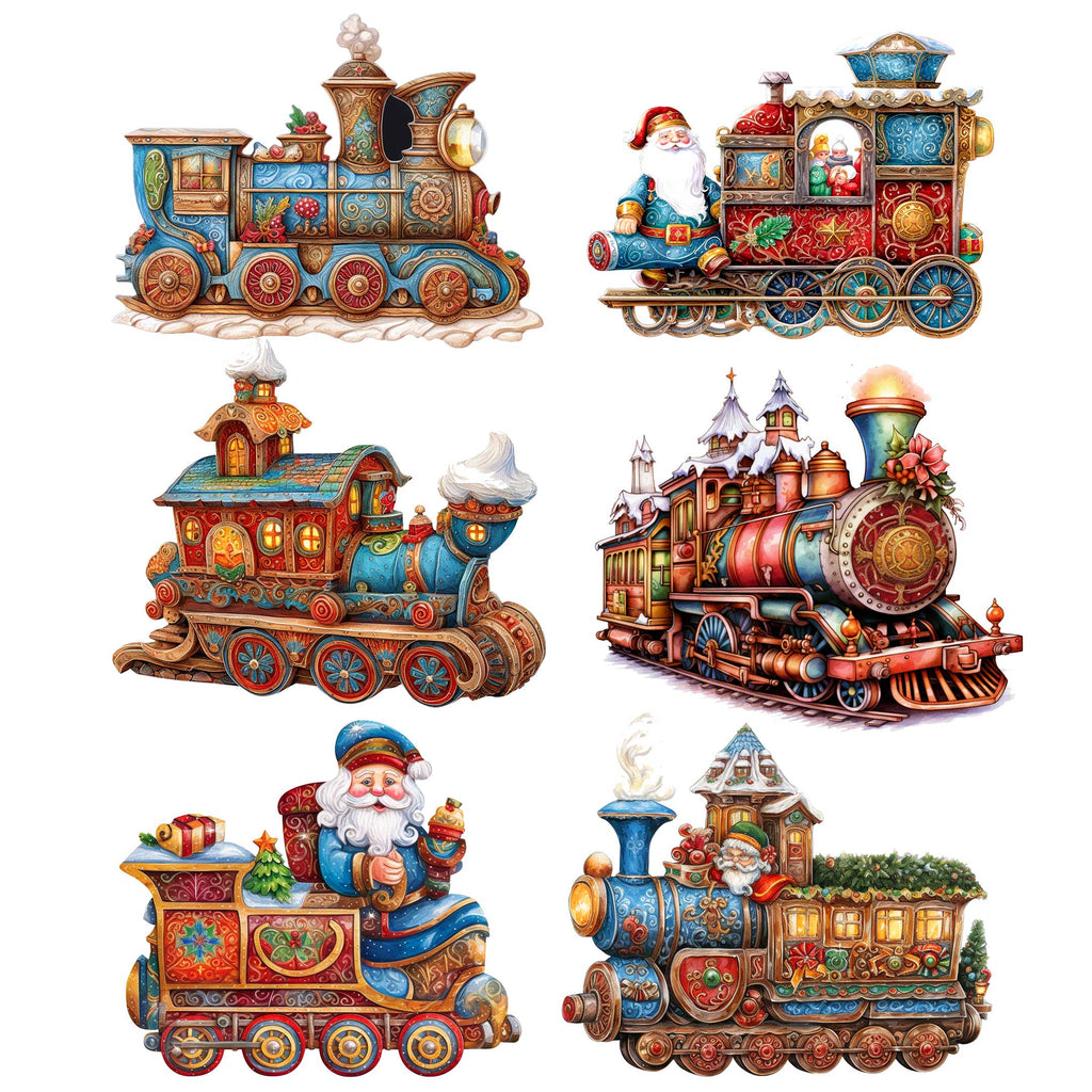 Santa Christmas Train Decorative Eco Wood Magnets Set of 6 by G. Debrekht - Christmas Decor - 8090123G-S6