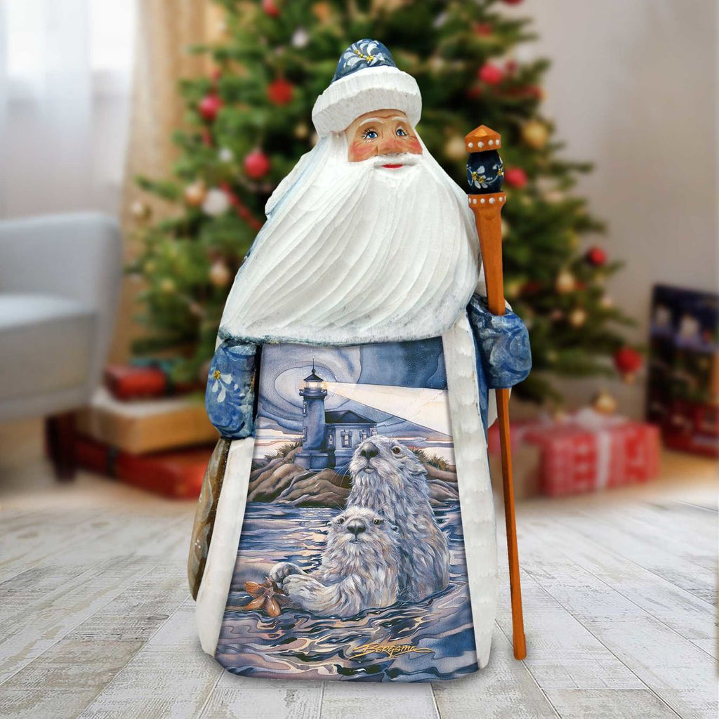 Starlight Otter Lighthouse Hand-Painted WOODCARVED Figurine by J. Bergsma - Wildlife Holiday Decor - 2422572-JB