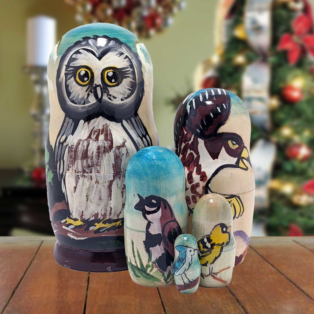 Owls Family Matreshka Nesting Hand-Painted Doll Set of 5 by G. DeBrekht - Wildlife Holiday Decor - 140079
