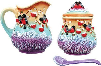 Ceramic Winter Birds Creamer & Sugar Jar with Spoon, G.DeBrekht Limited Edition