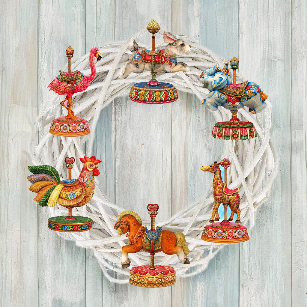 Carousel Clip-On Eco Wood Decorative Ornaments Set of 6 by G. Debrekht - Christmas Decor - 8090137C-S6