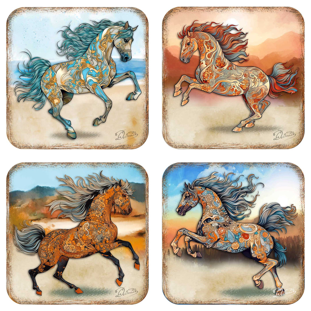Horses Wooden Cork Coasters Gift Set of 4 by G. Debrekht - Wildlife Decor - 8199444C-S4