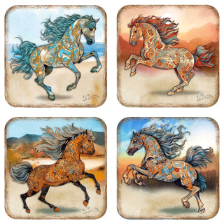 Horses Wooden Cork Coasters Gift Set of 4 by G. Debrekht - Wildlife Decor - 8199444C-S4