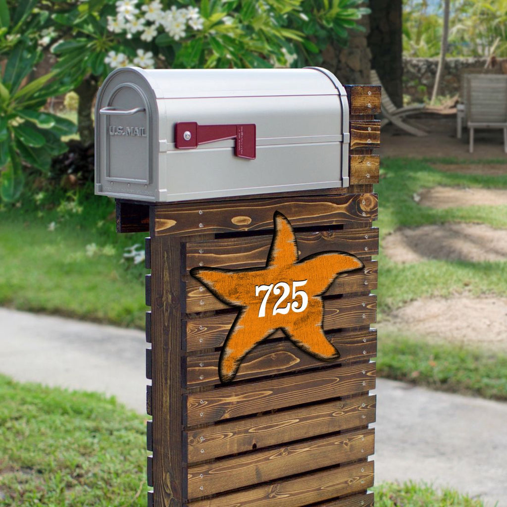 Orange Starfish Sports Car Personalized House Number Sign by G. Debrekht - Coastal Sea-Life Decor - Handcrafted Wooden Handcrafted Wooden Address Sign - MA985312