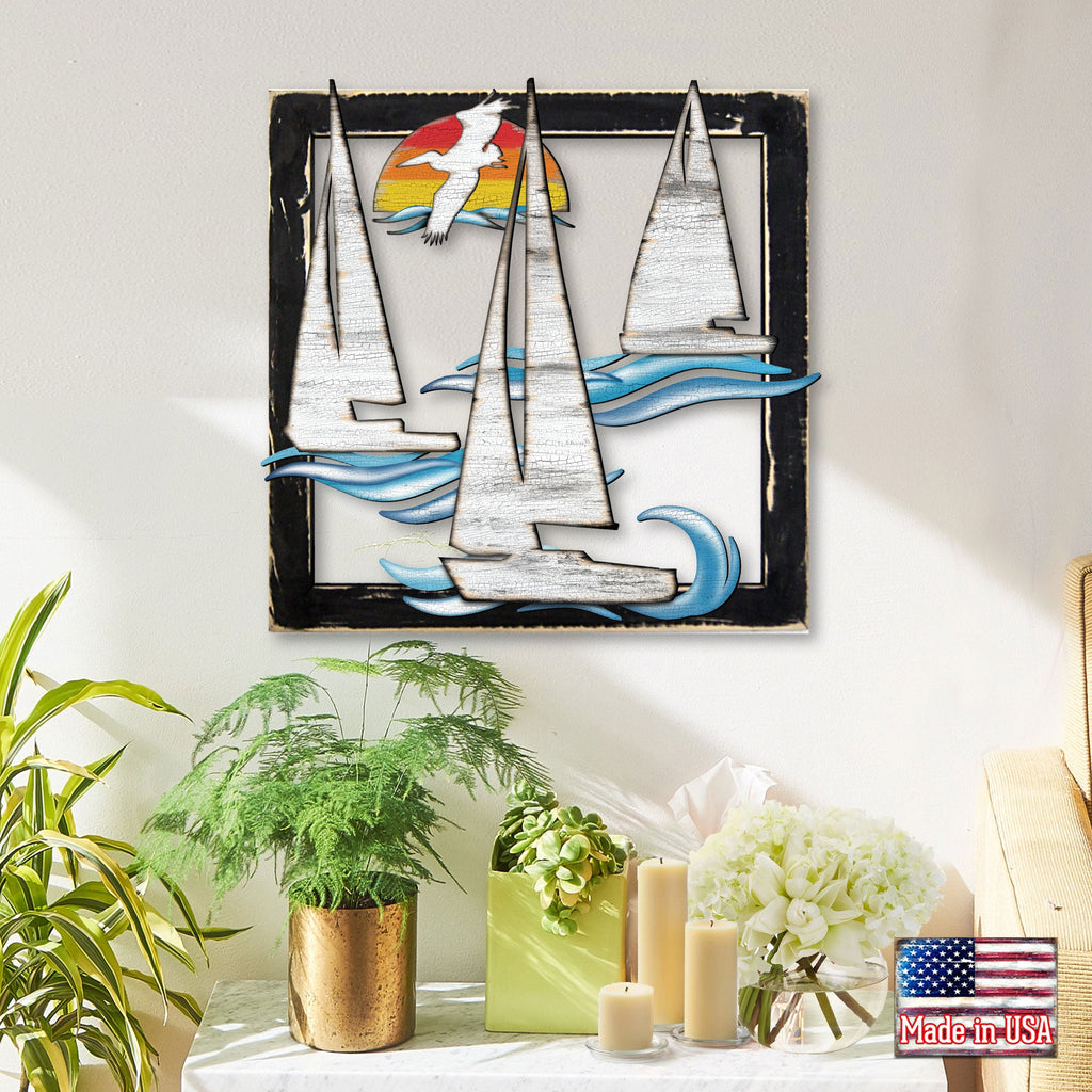 Sailing Boats Sunrise Wooden Wall Decor by G. DeBrekht - Coastal Sea-Life Decor - G985242S3