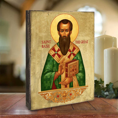 Saint Basil, a prominent figure in Russian Orthodox Christianity, wearing a green robe and holding a book.