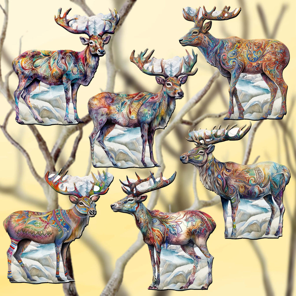 Iconic Caribou of Alaska Clip-On Eco Wood Decorative Ornaments Set of 6 by G. Debrekht - Wildlife Decor - 8090111C-S6