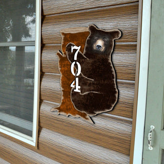 Bear on the Stoop Log Cabin Personalized House Number Sign by G. Debrekht - Nature Wildlife Decor - Handcrafted Wooden Address Sign - MA81982153