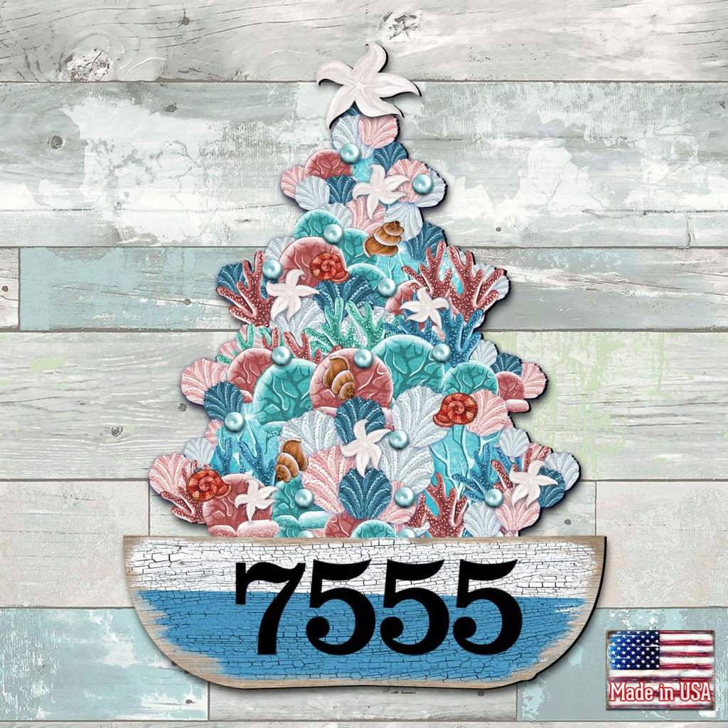 Coastal Tree Boat Personalized House Number Sign by G. Debrekht - Coastal Sea-Life Decor - Handcrafted Wooden Address Sign - MA81931492