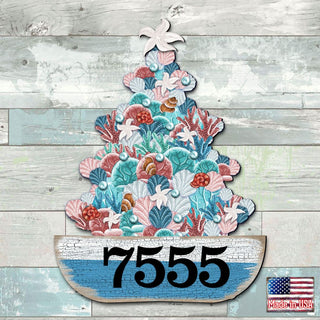 Coastal Tree Boat Personalized House Number Sign by G. Debrekht - Coastal Sea-Life Decor - Handcrafted Wooden Address Sign - MA81931492
