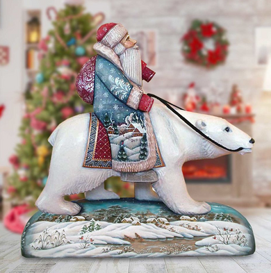 A white polar bear statue is depicted riding on the back of Santa Claus, with a wreath and Christmas decorations visible in the background.