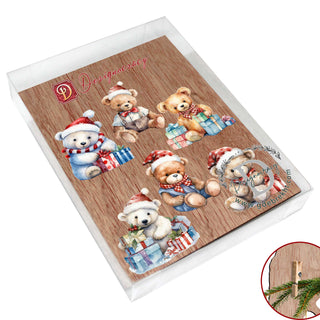 Christmas Teddy Bear Clip-On Eco Wood Decorative Ornaments Set of 6 by G. Debrekht - Christmas Decor - 8090011C-S6