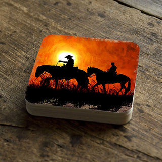Cowboy Sunset Ride Wooden Cork Coasters Gift Set of 4 by Nature Wonders - Nature Wildlife Decor - 95230C-S4