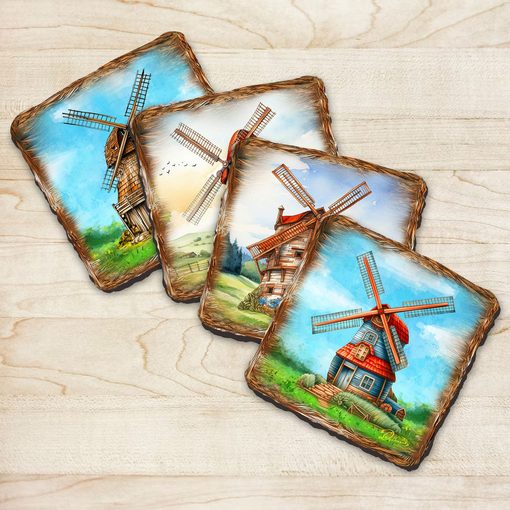 Windmills Wooden Cork Coasters Gift Set of 4 by Nature Wonders - Nature Wildlife Decor - 95406C-S4