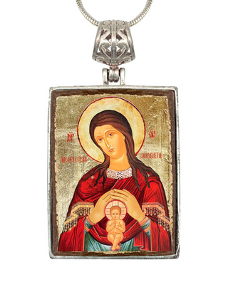 a religious icon of the Virgin Mary, with a halo around her head and holding a baby.